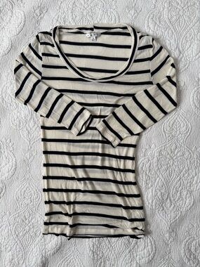 CAbi Black & Cream Striped Scoop Neck Long Sleeve Top